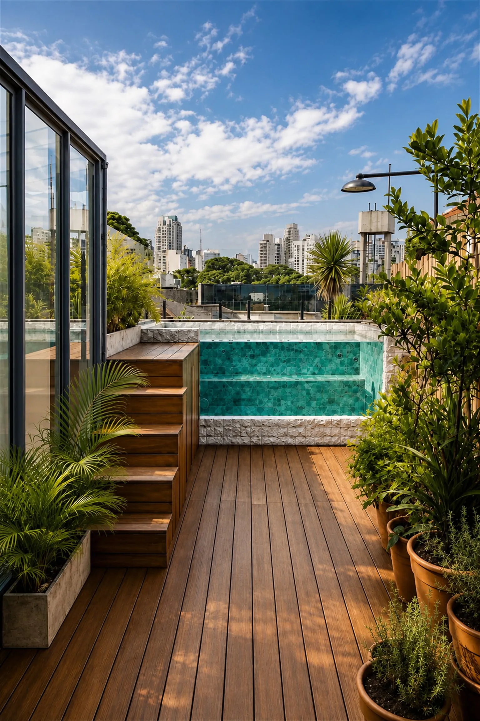 Piscina de pastilha verde no rooftop, deck de madeira e vista para os prédios do bairro