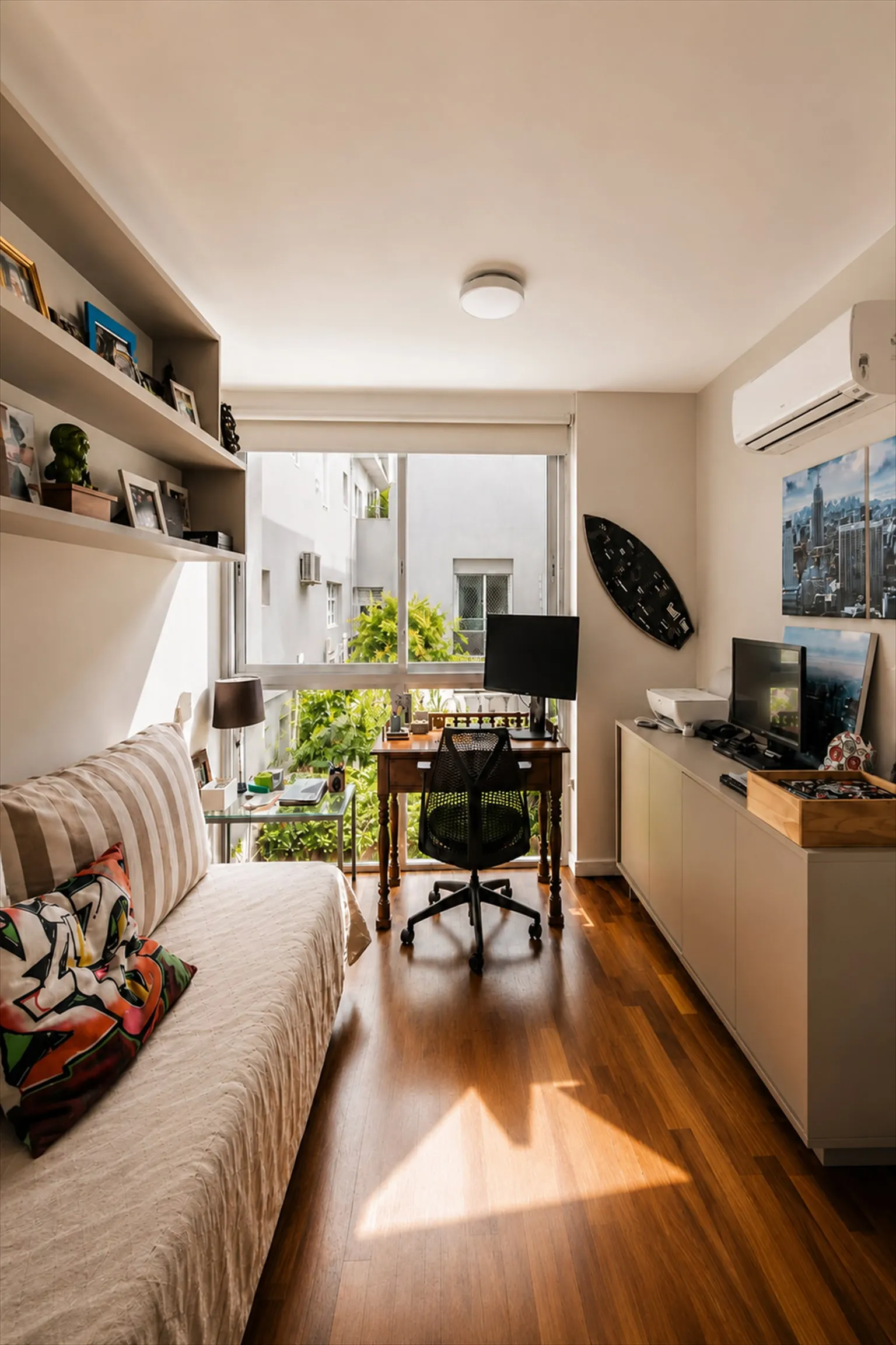 Suíte com cama, escrivaninha junto à janela, ar-condicionado split e vista para árvores